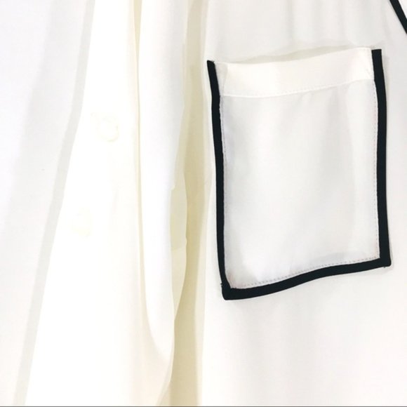 Express Original Fit Ivory Contrast Piping Portofino Blouse Roll Tab Sleeves Med - Picture 6 of 9